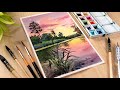 Easy Watercolor painting for beginners Lake at Sunset landscape