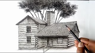 A form house drawing by charcoal pencil |  Old barn drawing |  pencil drawing |