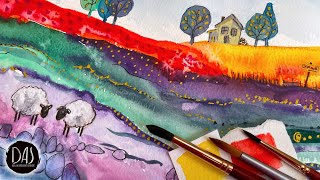 How to Paint an Easy Intuitive Mark Making Landscape with Mixed Media over Watercolor