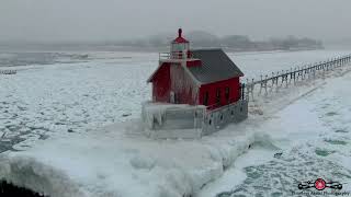 Quick Flight Around The Frozen Grand Haven Lighthouse 4K Drone Footage