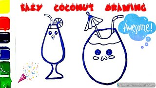 How To Draw A Funny Summer Coconut Drink/ coconut drawing easy/ coconut drawing step by step
