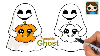 How to Draw a cute Ghost 🎃 Holding a Pumpkin Jack O'Lantern