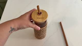 Tronco 20 oz Glass Tumbler with Lid and Straw, Iced Coffee Cup and Smoothie Cup with Bamboo Lids