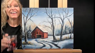 COUNTRY WINTER BARN-Learn How to Draw and Paint with Acrylic-Easy Paint and Sip at Home Step by Step