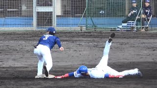 沖縄電力のピッチャーの素早すぎる2塁牽制に危うく刺されそうになる濱将乃介（2024年2月10日）