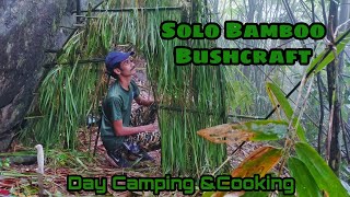 Solo bamboo bushcraft camping survival | Building grass shelter in rainforest | Day camping\u0026cooking