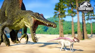 NEW REMODELED SPINOSAURUS vs DIMETRODON and DEINOSUCHUS | Jurassic World Evolution Mods