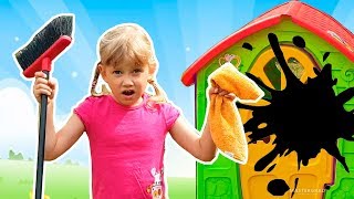 Alena plays with goldfish and clean the playhouses for children