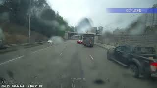 車CAM直擊 - 大老山公路私家車的士相撞 兩司機落車講數被貨車猛撼 一人不治