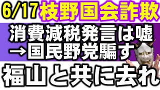 立憲民主党枝野幸男、「消費税5％に減税」と、不信任の趣旨答弁で発言→嘘でした。公約にしません。福山哲郎も断言→国民民主党・共産党・令和を裏切る愚行