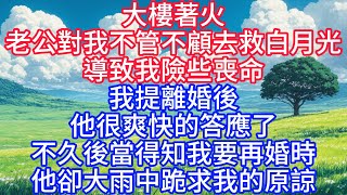 大樓著火，老公對我不管不顧，去救白月光導致我險些喪命，我提離婚後很爽快的答應了，不久後當得知我要再婚時，他卻大雨中跪求我的原諒