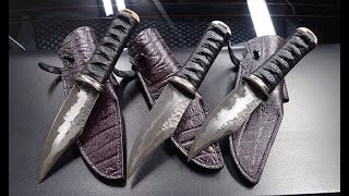 A SET OF DAVID MIRABILE AIKUICHI CARRY BOWIE KNIVES WITH PAUL LONG LEATHER SHEATHS