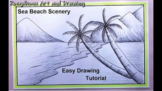 Sea Beach Scenery Drawing Tutorial with Pencil | Scenery drawing (Easy Way)