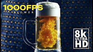 8K Ultra HD Extreme Slow Motion at 1000 FPS: Beer Pouring from a Tap With Foam and Bubbles Details