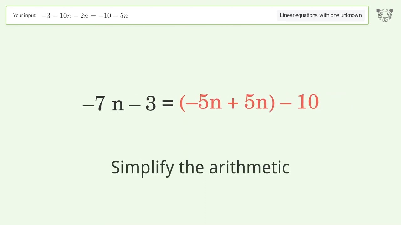 Linear Equation With One Unknown: Solve -3-10n-2n=-10-5n Step-by-step ...