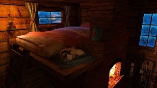 Sleep on the Stove with a CAT | Cozy Winter Hut Ambience, Blizzard, Fire & Wind Sounds