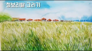 청보리밭 그리기/수채화//Green barley field//watercolor landscape