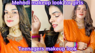 Mehndi Makeup Look for Girls 2023 | teenagers Makeup Tutorial | easy makeup look in orange dress