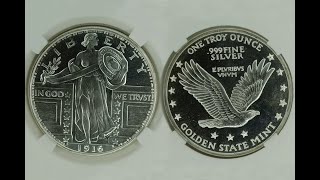 Replica 1916 Standing Liberty Quarter 1-Oz 999 Silver Round Golden State Mint (GSM) Silver Bullion