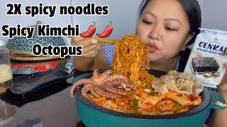 Spicy noodles, OCTOPUS leh kimchi thak tawk, vawksa, seaweed #asmr #eating