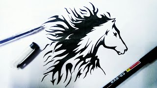 🔥How To Draw a Horse 🐴  Cool Tribal Tattoo Design Style🔥