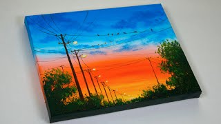 Power Line at Sunset Painting | Sunset Landscape Painting | Acrylic Painting for Beginners