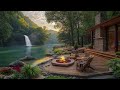 cozy lakeside porch with fire pit and waterfall relaxing nature sound for heal insomnia sleep