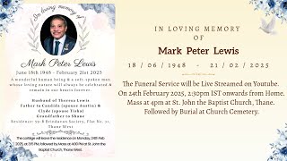 Funeral Service of Mark Peter Lewis | 24th Feb 2025, 2:30pm onwards