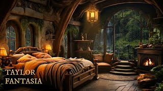 Cozy Hobbit Bedroom | Relaxing Fireplace with Soothing Rainfall Sounds | Enchanted Forest Ambience🎐