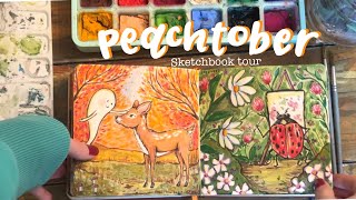 Peachtober Sketchbook Flip through & process, Inktober Drawing Challenge, Himi Gouache Illustration