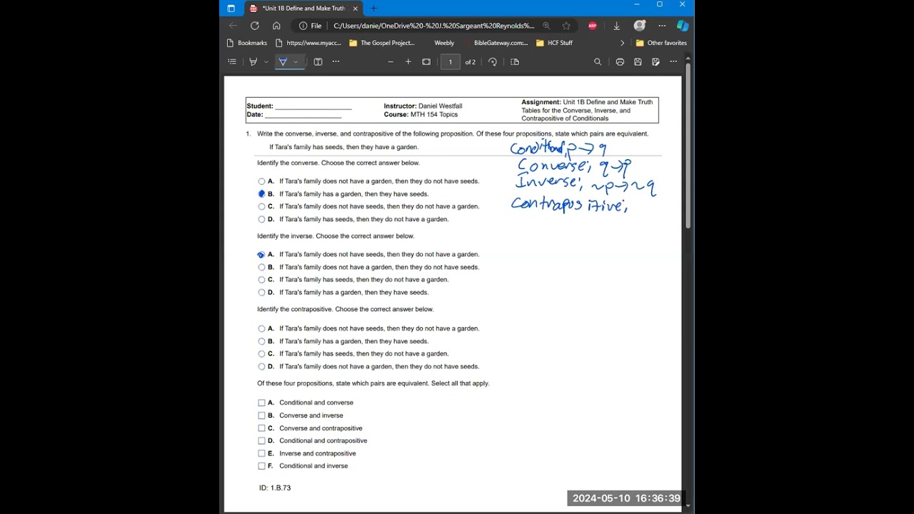 Unit 1B Define And Make Truth Tables For The Converse, Inverse, And ...