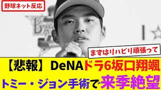 【悲報】DeNAドラ6坂口翔颯、トミー・ジョン手術で来季絶望【ネット反応集】