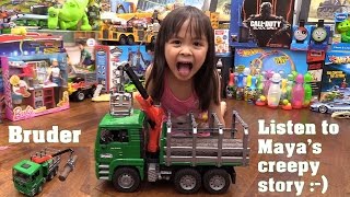 Kids' Toy Channel: Unboxing a Toy Truck! Bruder MAN Log Truck with Crane + Maya's Storytelling