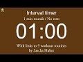 Interval timer - 1 min rounds / No rests (with links to 9 workout routines by Sascha Huber)