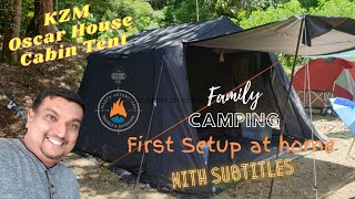 KZM Oscar House Cabin Tent Setup at Home With Subtitles | Camping.