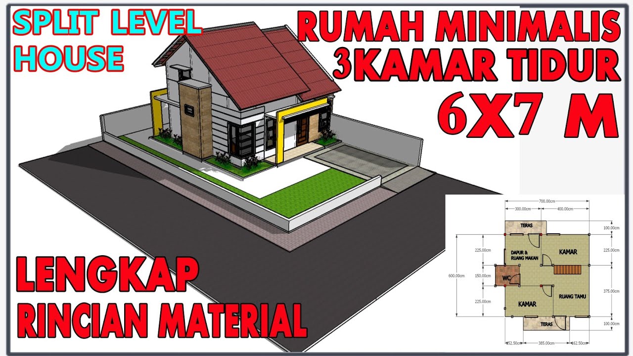 DESAIN RUMAH MINIMALIS 6X7 || 3 KAMAR TIDUR || DENGAN RINCIAN MATERIAL ...