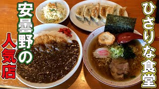 【安曇野の人気店でガッツリランチ】カツカレーに中華めんと焼きギョーザ ひさりな食堂#67