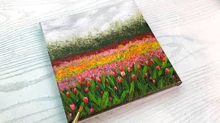The EASY way to paint a spring TULIP FIELD! Colorful flower field painting for beginner with acrylic