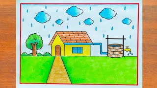 Rain Water Harvesting Drawing / Save Water Poster Drawing Easy / Rain Water Conservation Diagram