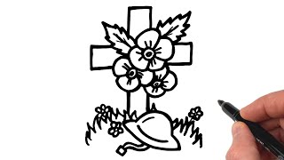 How to Draw Cross with Poppies | Memorial Day Drawings