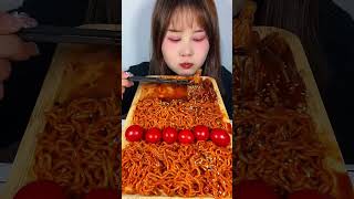 Asmr Mukbang, Food With Plate, Spicist Enoki Mushrooms, And Noodles Meatballs Spicy Yummy