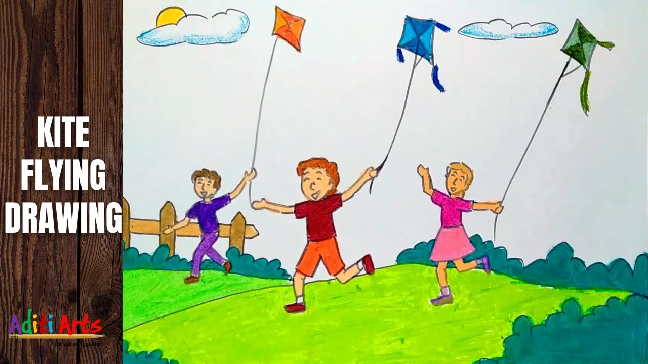 Kite Flying Drawing | Makar Sankranti Drawing | Pongal Festival Drawing ...