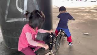 Tina12歲-Bella7歲-Hugo5歲去台北市松山區觀山河濱公園/台北市河濱自行車租借站(觀山站)腳踏車練習騎腳踏車玩樂-2021年2月28日