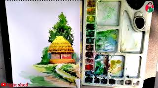 জলরং এ সহজে করো কুঁড়েঘর | besic watercolor demo | watercolor landscape painting | village watercolor