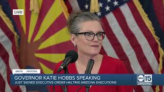 Gov. Katie Hobbs speaks following signing an executive order halting Arizona executions