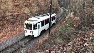 2 SEPTA 101 Trolleys viewed from the steep hills of Pennsylvania