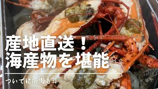 パパの従兄弟の家で海産物を堪能しました！伊勢海老、ホタテ、牡蠣、ハマグリ、サザエ、そして近所でついでに購入した蟹！