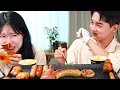 asmr mukbang sausage party kielbasa long big ham with chan sori fire noodles fried chicken.