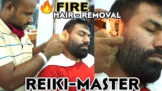 ASMR FIRE 🔥 HAIR REMOVAL HEAD MASSAGE, NECK, HAND, CRACKINGS THERAPY BY INDIAN BARBER REIKI-MASTER