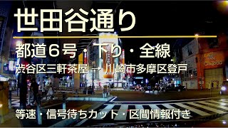 世田谷通り・都道６号 下り・全線 渋谷区三軒茶屋 → 川崎市多摩区登戸 (車載動画・等速・ 信号待ちカット)